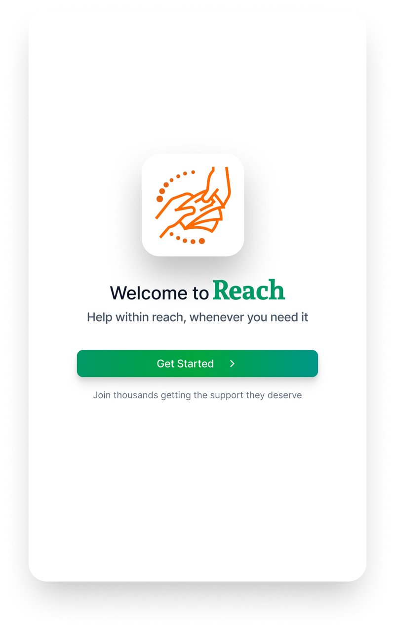 Reach app welcome screen with an orange hands icon and a green Get Started button
