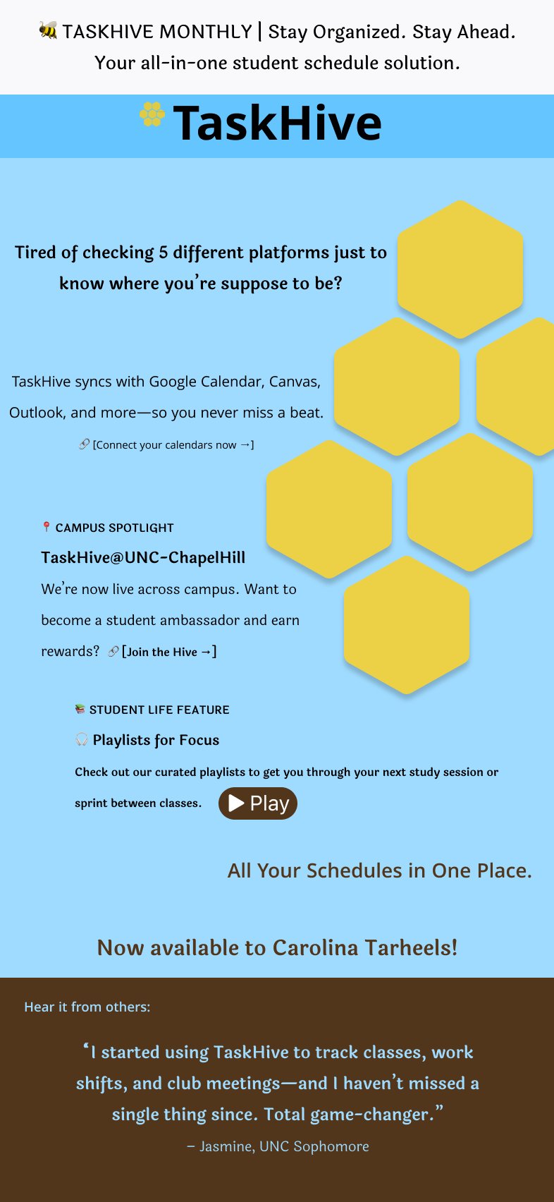 TaskHive newsletter with a Carolina blue background and yellow honeycomb shapes